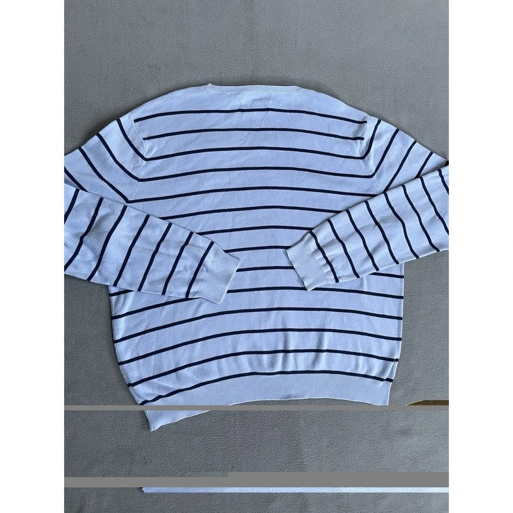Polo Ralph Lauren Sweater Mens Medium Blue Striped Pima Cotton V Neck Logo Pony